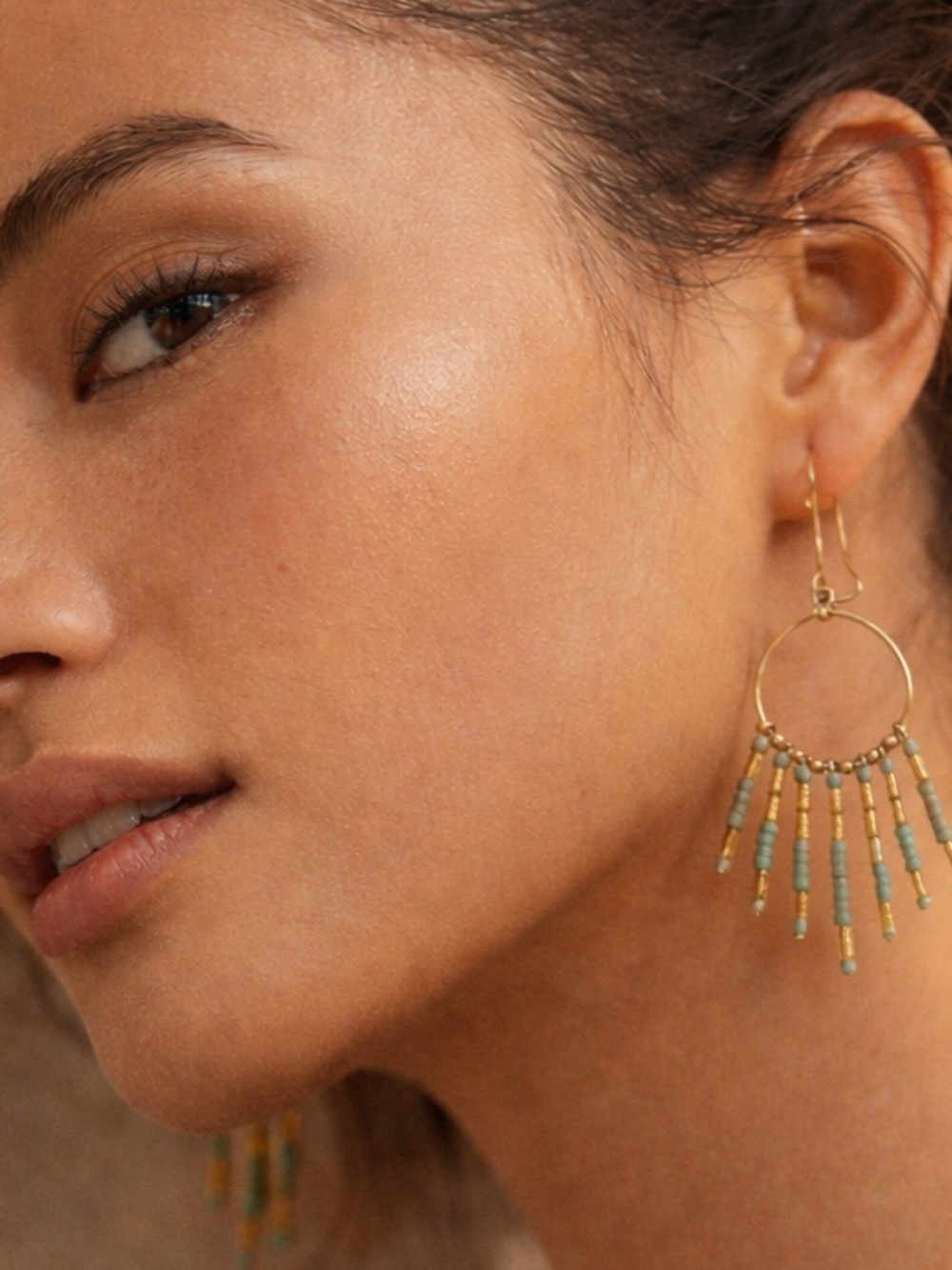 Free People Beaded Hoop Fringe Earrings in Turquoise Gold, Boho Statement
